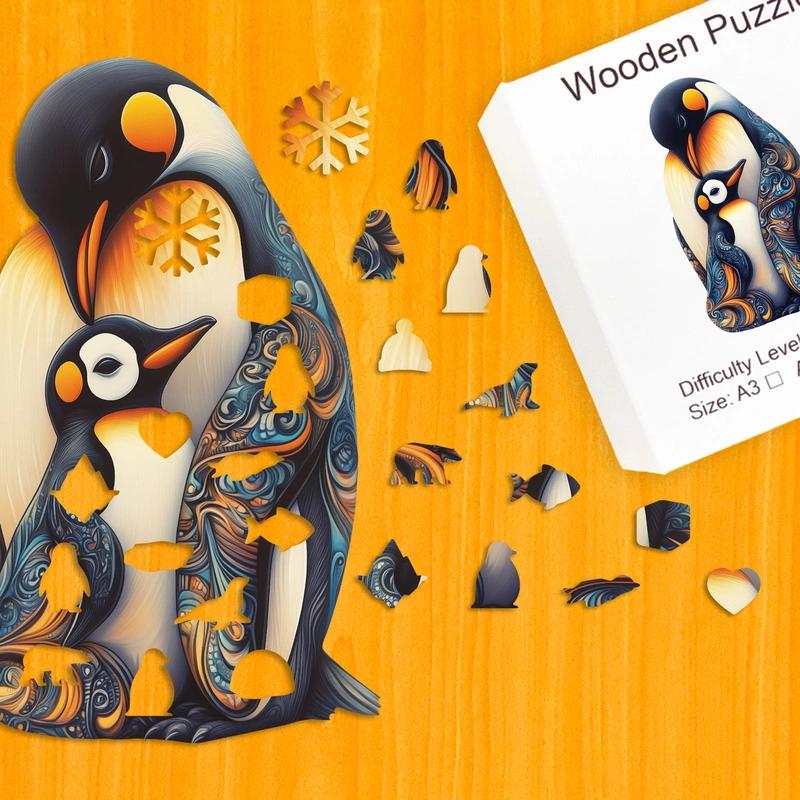 Objímajúca sa rodina tučniakov – Drevené puzzle 1