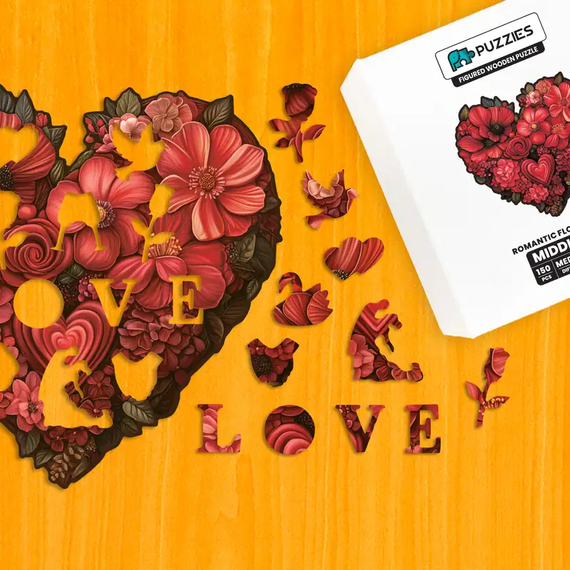 Romantické kvetinové srdce – Drevené puzzle 1